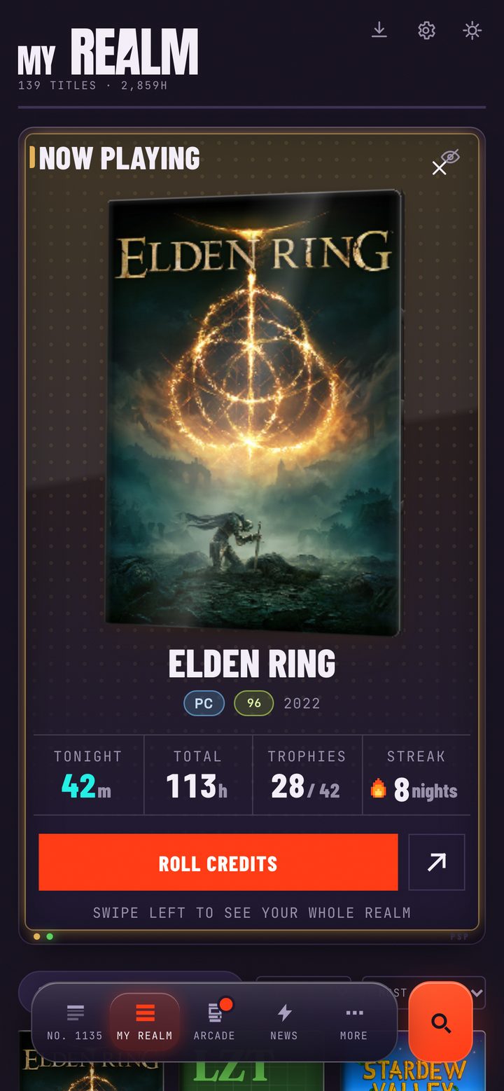 My Realm: Astro Bot on the Now Playing card with tonight’s time, total hours and trophies